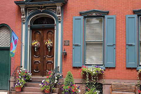 Window, Door, Architecture, Style, street, city, house, history, building, old town, structure, tourism, travel, united states, pennsylvania, america, building exterior, outdoors, built structure, day, entrance, residential district, plant, flowering plant, flower, no people, closed, potted plant, shutter, nature, arch, window box, flower pot, 5K, CC0, public domain, royalty free