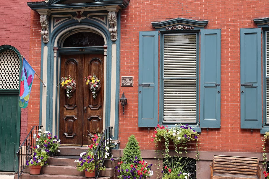 Window, Door, Architecture, Style, street, city, house, history, building, old town, structure, tourism, travel, united states, pennsylvania, america, building exterior, outdoors, built structure, day, entrance, residential district, plant, flowering plant, flower, no people, closed, potted plant, shutter, nature, arch, window box, flower pot, 5K