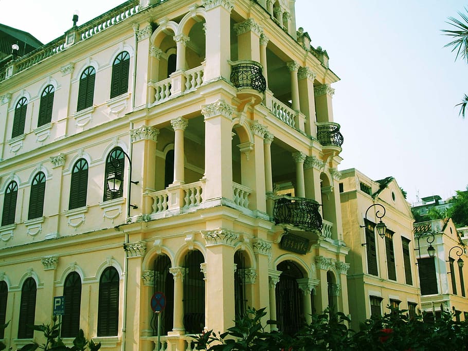 estructura, edifici, vell, Macau, arquitectura, columna arquitectònica, exterior de l'edifici, a l'aire lliure, cap gent, dia, estructura construïda, cel, vista d’angle baix, finestra, naturalesa, història, planta, el passat, arc, destinacions de viatge, cel clar, façana, ciutat, ornamentat, 2K