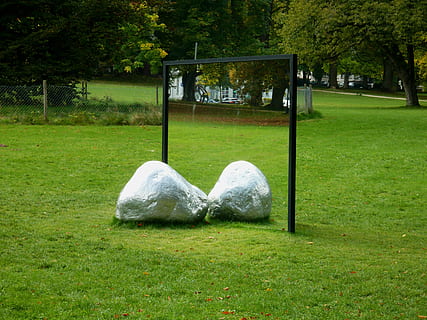 mirall, reflexió, duplicació, reflexions, vidre, brillantor, imatge del mirall, llum, art, herba, planta, color verd, arbre, parc, camp, terra, naturalesa, dia, parc - l'home va fer espai, creixement, a l'aire lliure, cap gent, esport, bellesa a la natura, futbol, esport d’equip, tranquil·litat, gespa, metall, 2K, CC0, domini públic, lliure de regalies