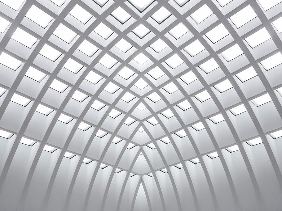 edificio architettonico bianco, edificio in cemento bianco, soffitto, geometrico, geometria, costruzione, simmetrico, modello, architettura, Inquadratura dal basso, struttura costruita, in casa, nessuno, fotogramma intero, moderno, sfondi, design, caratteristica architettonica, forma, Colore bianco, vetro - materiale, giorno, forma geometrica, metallo, ripetizione, di fila, astratto, acciaio, composito digitale, color argento, 4K