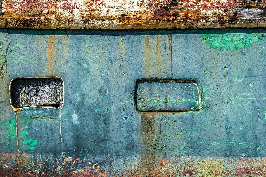 textura, dřevo, rez, loď, trup, textura dřeva, trup lodi, loupání barvy, staré lodi, staré dřevo, modrý, Pozadí, kov, starý, okno, nikdo, den, rezavý, zelená barva, zvětralý, detail, texturou, nástěnný prvek, architektura, opuštěný, stavba, celý rám, venku, zhoršení, pokles, poškozen, tyrkysové barvy, beton, 2K