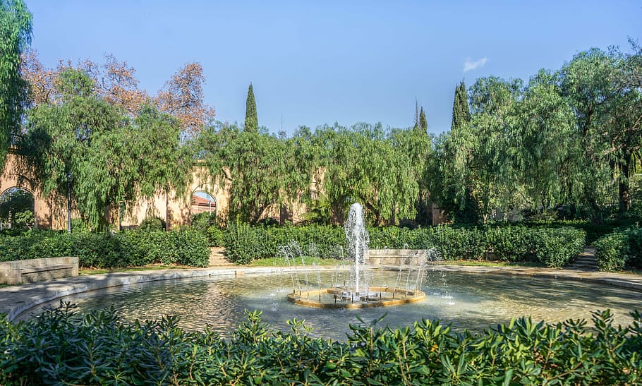Font, parc, naturalesa, arquitectura, a l'aire lliure, barcelona, espanya, jardí, fora, arbre, assolellat, verd, planta, aigua, llac, creixement, dia, bellesa a la natura, color verd, cel, tranquil·litat, escenics - natura, moviment, llum solar, escena tranquil·la, fumigació, cap gent, aigua que flueix, jardí ornamental, caient aigua, que flueix, 5K