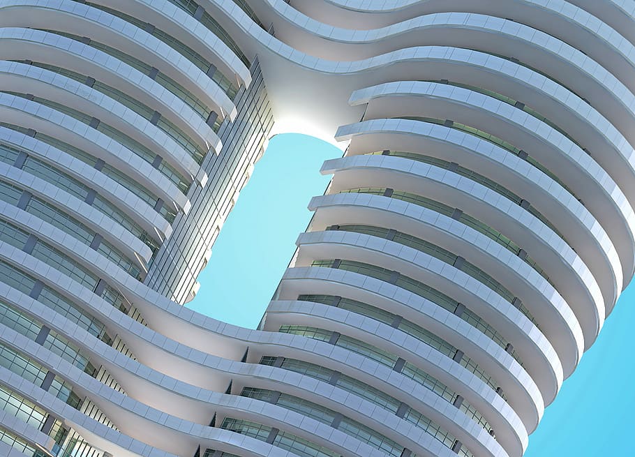edifici gris, edifici de formigó blanc, arquitectura, edifici, finestra, estructura, modern, exterior, corba, blanc, ciutat, cel blau, fora, edifici d'oficines, edifici blanc, cel, gratacels, estructura construïda, vista d’angle baix, exterior de l'edifici, cap gent, patró, dia, repetició, naturalesa, característica arquitectònica, a l'aire lliure, llum solar, cel clar, vidre - material, en fila, exterior d’edifici d’oficines, sostre, arquitectura i art, 5K