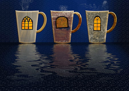 three, window, ceramic, mugs, cup, t, light, mirroring, shadow, blue, surface, kitchen, poster, no people, reflection, indoors, close-up, table, water, text, in a row, side by side, archival, food and drink, metal, refreshment, yellow, lifestyles, business, 2K, CC0, public domain, royalty free