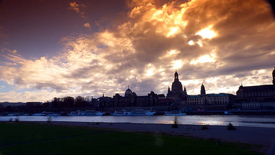 white, concrete, building, front body, water, dresden, panorama, back light, gradient filter, elbe, dramatic, sky, cloud - sky, built structure, architecture, city, building exterior, travel destinations, nature, cityscape, landscape, travel, urban skyline, sunset, river, no people, dusk, 4K, CC0, public domain, royalty free