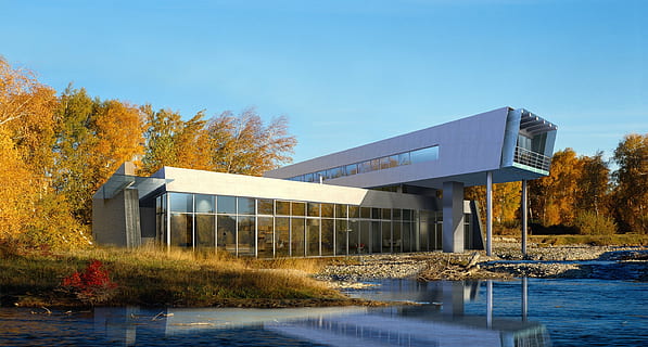 gris, béton, bâtiment, fenêtre, immeuble de bureaux, villa, le rendu, visualisation, architecture, visualisation 3d, visualisation architecturale, paysage, cgi, structure construite, extérieur du bâtiment, ciel, eau, la nature, ciel clair, arbre, personne, l'automne, bleu, plante, Lac, en plein air, journée, réflexion, maison, changement, luxe, 2K, CC0, domaine public, libre de droits