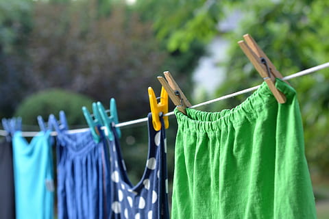 selettivo, fotografia a fuoco, abbigliamento, troncato, corda, all'aperto, giorno, lavaggio, Abiti, stringa, clip, asciutto, pulizia, clothesline, sospeso, molletta, essiccazione, lavanderia, capi di abbigliamento, concentrarsi sulle conoscenze acquisite, nessuno, natura, avvicinamento, colore verde, pianta, tessile, messa a fuoco selettiva, di fila, multicolore, plastica, 4K, CC0, dominio pubblico, privo di copyright