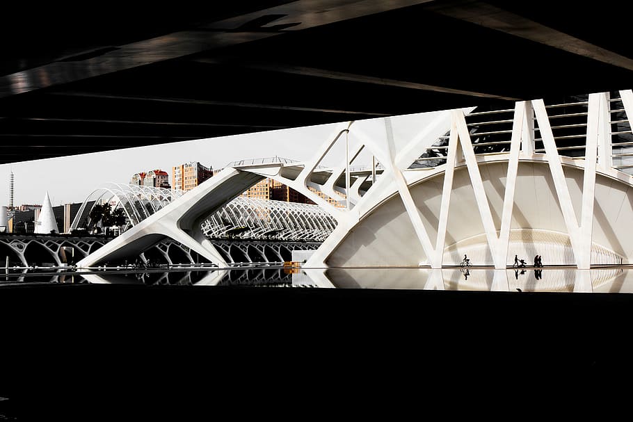 fotografia d'arquitectura, blanc, estructura screengrab, gent, caminar, negre, edifici, durant el dia, reflexió, ciutat, urbà, edificis, arquitectura, sincera, modern, exterior, estructura, calatrava, valencium, estructura construïda, exterior de l'edifici, vista d’angle baix, destinacions de viatge, barana, cap gent, metall, nit, transport, pont - estructura feta per l'home, a l'aire lliure, connexió, cultura i entreteniment artístic, pont, luxe, etapa, 5K