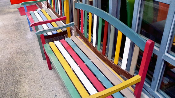 rainbow, chair, wood - Material, multi colored, choice, no people, high angle view, seat, large group of objects, arrangement, in a row, variation, still life, order, indoors, empty, close-up, publication, book, abundance, absence, collection, 4K, CC0, public domain, royalty free