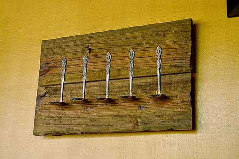 Ladles, Box, Framework, Wall, Kitchen, trim, wood - material, no people, built structure, indoors, work tool, close-up, metal, table, in a row, variation, choice, still life, studio shot, side by side, cutting board, group of objects, arrangement, wall - building feature, brown, order, directly above, medium group of objects, 5K, CC0, public domain, royalty free