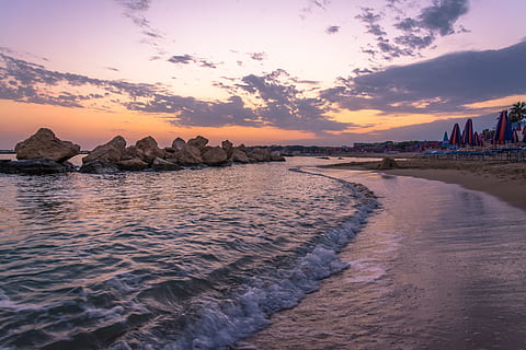 sunset, goodbye, beach, summer, sea, sky, water, beauty in nature, cloud - sky, land, scenics - nature, nature, rock, rock - object, tranquility, solid, tranquil scene, motion, idyllic, horizon, outdoors, 5K, CC0, public domain, royalty free