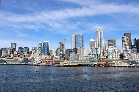 Seattle, vista, orizzonte, architettura, città, struttura costruita, esterno dell'edificio, edificio per uffici esterno, costruzione, grattacielo, cielo, paesaggio urbano, skyline urbano, acqua, paesaggio, lungomare, natura, destinazioni di viaggio, nuvola - cielo, moderno, ufficio, quartiere residenziale, nessuno, alto - alto, all'aperto, distretto finanziario, 5K, CC0, dominio pubblico, privo di copyright