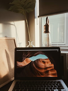 turned, macbook, pro, desk, window, computer screen, screen, room, lamp, minimalism, technology, computer, wireless technology, laptop, indoors, connection, communication, home interior, day, furniture, domestic room, table, no people, using laptop, nature, lighting equipment, electric lamp, keyboard, 2K, CC0, public domain, royalty free