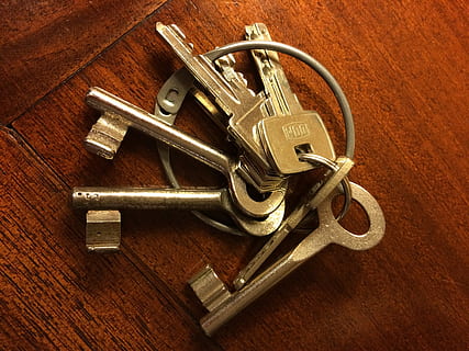 Keys, Keychain, Key Ring, key, no people, wood - material, close-up, studio shot, indoors, metal, security, safety, high angle view, protection, table, still life, weapon, gold colored, communication, warning sign, sign, brass, aggression, brown, 2K, CC0, public domain, royalty free