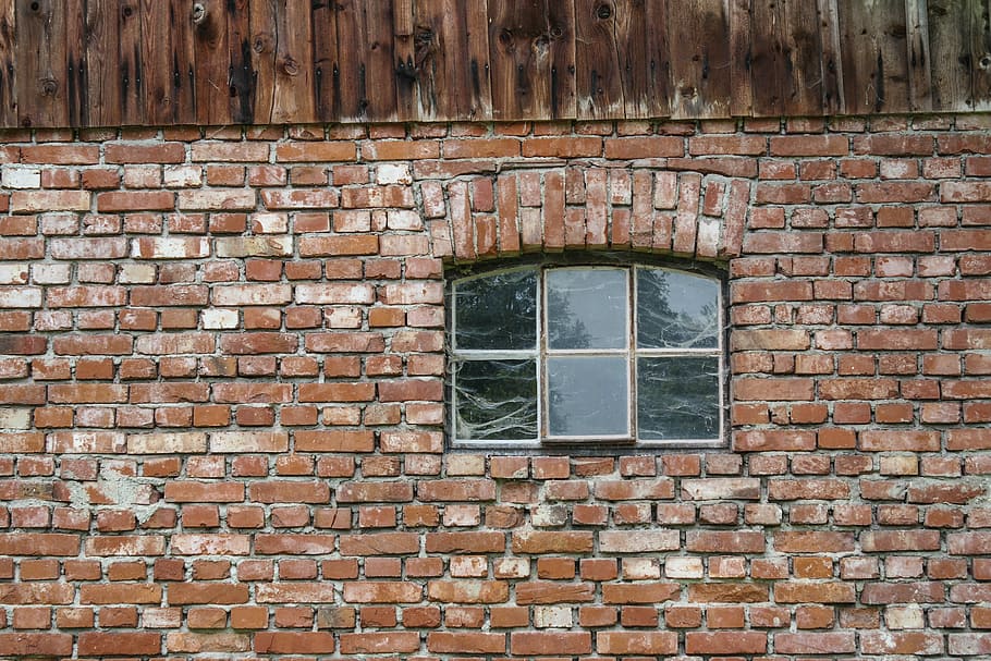 closed window, wall, brick, window, glass, reflection, cuilding, web, red, building, architecture, built structure, brick wall, building exterior, no people, day, wall - building feature, old, outdoors, glass - material, weathered, house, abandoned, pattern, full frame, door, 5K