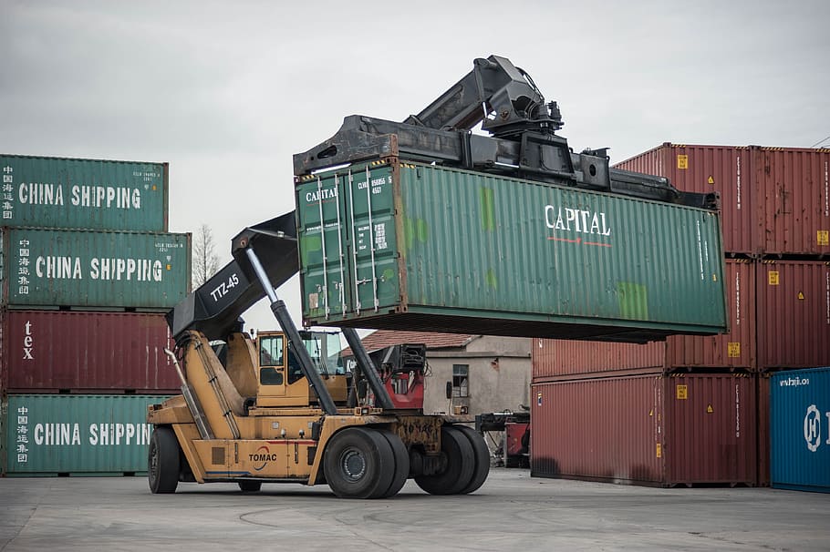 orange, equipment, lifting, intermodal, container, construction site, crane, pier, transportation, industry, cargo container, freight transportation, business, shipping, mode of transportation, loading, stack, harbor, commercial dock, architecture, unloading, nature, trading, sky, delivering, day, 4K