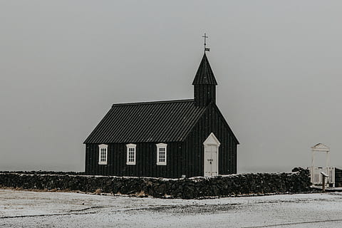 grayscale photo, church, architecture, building, infrastructure, structure, establishment, doors, sacred, religion, windows, winter, snow, cold temperature, built structure, building exterior, abandoned, history, no people, beach, place of worship, belief, spirituality, sky, nature, spire, landscape, outdoors, 4K, CC0, public domain, royalty free