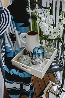 style:, balcony decor, Seaside, Style, Nautical, Balcony, Decor, summer, resting, relax, outdoor, architecture, blue, decorations, seating, chilling, cozy, beach house, marine, decoration, table, cup, flower, vase, chair, bouquet, no people, flowering plant, plant, freshness, nature, seat, food and drink, drink, day, transparent, glass - material, container, close-up, refreshment, outdoors, glass, 2K, CC0, public domain, royalty free