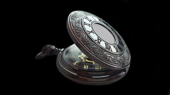 silver-colored pocket watch, pocket watch, clock, time, old, nostalgia, antique, pointer, close, horology, dial, wind up, clock face, movement, hours, time of, second hand, pocket watches, minutes, time indicating, watches, metal, seconds, minute hand, hour hand, roman numerals, shine, roman numbers, nostalgic, black background, no people, close-up, studio shot, indoors, day, single object, cut out, music, copy space, glass - material, still life, man made object, man made, musical instrument, finance, retro styled, transparent, silver colored, 4K, CC0, public domain, royalty free