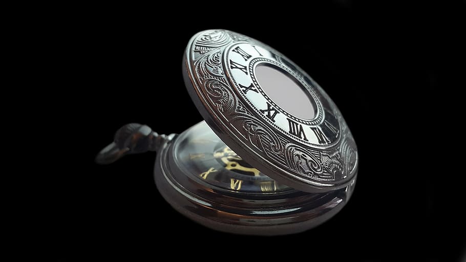 silver-colored pocket watch, pocket watch, clock, time, old, nostalgia, antique, pointer, close, horology, dial, wind up, clock face, movement, hours, time of, second hand, pocket watches, minutes, time indicating, watches, metal, seconds, minute hand, hour hand, roman numerals, shine, roman numbers, nostalgic, black background, no people, close-up, studio shot, indoors, day, single object, cut out, music, copy space, glass - material, still life, man made object, man made, musical instrument, finance, retro styled, transparent, silver colored, 4K