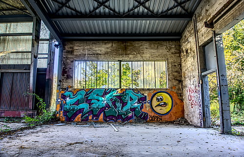 graffiti, perete, artă, creativitate, fațadă vopsea, pulverizator, colorat, pictură, grafic, mural, arta stradală, culoare, locul pierdut, şantier naval, părăsi, ruina, spart, despartire, hdr, gamă dinamică mare, contrast, arhitectură, construită, montare pe perete, artă și sculptură, nici o persoana, multi colorate, exteriorul clădirii, zi, clădire, vechi, abandonat, dărâma, în aer liber, Intrare, fereastră, uşă, garaj, murdar, deteriorare, ondulat, tavan, 5K, CC0, domeniu public, fără drepturi de autor