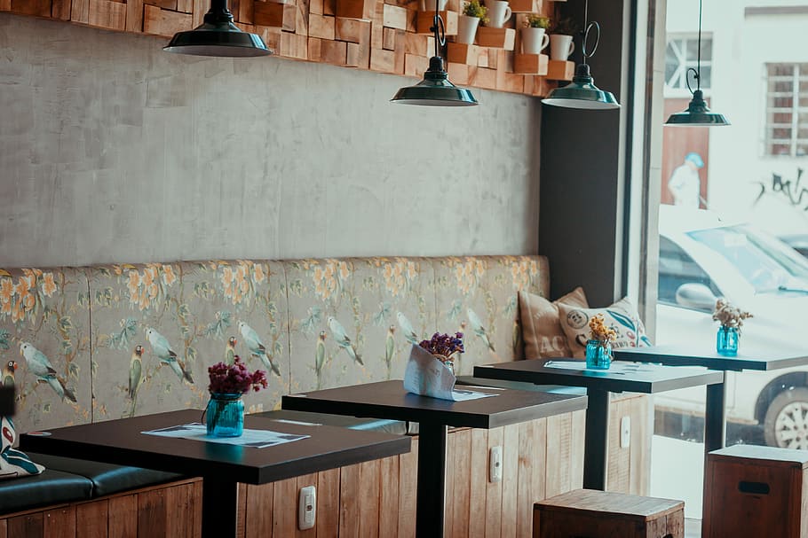 claro, azul, jarra de vidrio, mesa, almacenar, pila, marrón, de madera, mesas, negro, lámpara de techo, café, cafetería, taburete, silla, nadie, adentro, cuarto doméstico, interior de la casa, mueble, ausencia, asiento, material de madera, pared - característica de la construcción, día, naturaleza muerta, casa, arreglo, equipo doméstico, equipo de iluminación, arquitectura, planta en maceta, estante, 4K