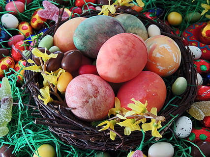 ous de colors variats, marró, niu, niu de Pasqua, ous de Pasqua, Pasqua, ou, decoració, decoració de pasqua, Feliç Pasqua, colorit, ous de colors, color, decoracions de pasqua, pintat, personalitzat, fenc, cistella, ou de Pasqua, osterkorb, salutacions de pasqua, celebració de Pasqua, menjar i beguda, menjar, frescor, alimentació saludable, benestar, natura morta, cap gent, vegetals, fruita, vista d’angle alt, elecció, contenidor, primer pla, multicolor, gran grup d'objectes, variació, celebració, madur, 4K, CC0, domini públic, lliure de regalies