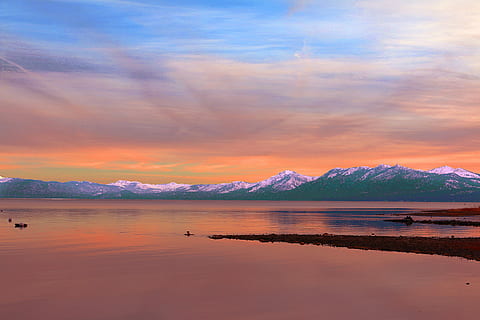 sunset, waters, dawn, sky, twilight, lake tahoe, water, reflection, cloud - sky, scenics - nature, sea, beauty in nature, environment, mountain, landscape, nature, tranquility, animal, dusk, pink color, animal themes, tranquil scene, no people, outdoors, lagoon, romantic sky, purple, 5K, CC0, public domain, royalty free
