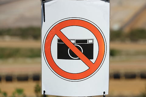 Shield, Prohibited, Camera, prohibitory, no photography allowed, warning, red, outdoors, day, focus on foreground, no people, close-up, sign, communication, forbidden, warning sign, road sign, guidance, road, circle, shape, geometric shape, information, safety, human representation, information sign, warning symbol, information symbol, 5K, CC0, public domain, royalty free