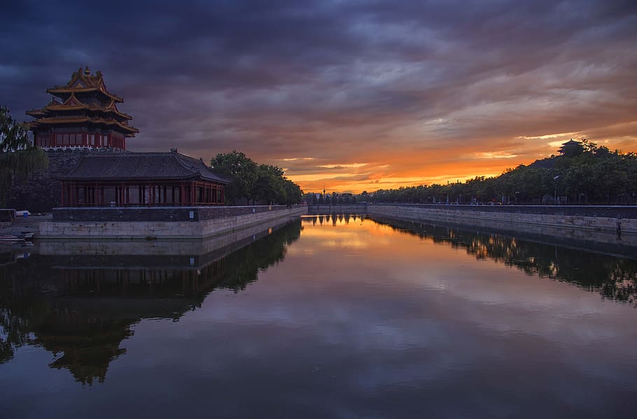 torretta, tramonto, primavera, Pechino, riflessione, architettura, struttura costruita, acqua, cielo, nuvola - cielo, esterno dell'edificio, lago, natura, lungomare, nessuno, costruzione, destinazioni di viaggio, la tranquillità, religione, bellezza nella natura, storia, scena tranquilla, all'aperto, 5K