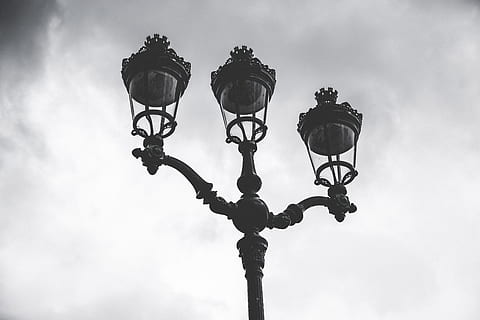 latern, dramatic, sky, clouds, city, black and white, electricity, high contrast, noise, lighting equipment, street light, street, low angle view, nature, cloud - sky, no people, outdoors, day, retro styled, gas light, electric lamp, antique, old, light, electric light, metal, ornate, 5K, CC0, public domain, royalty free