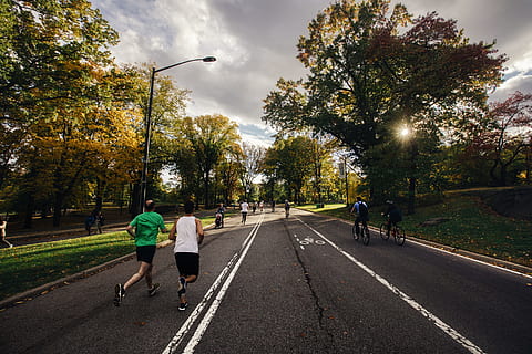 people, running, riding, bicycle, group, street, surrounded, green, leaf trees, person, photo, running man, man in white, tank top, gray, asphalt, road, park, runner, way, jogging, exercising, outdoors, sport, healthy Lifestyle, men, nature, sports Clothing, athlete, women, sports Training, action, lifestyles, motion, tree, relaxation Exercise, marathon, full length, walking, rear view, plant, real people, transportation, sky, the way forward, direction, cloud - sky, leisure activity, 8K, CC0, public domain, royalty free
