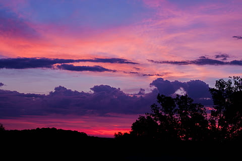 silhouette, trees, orange, purple, cloudy, skies, sunrise, sky, clouds, dark, sunset, nature, cloud - sky, scenics, dusk, dramatic sky, outdoors, beauty in nature, tranquility, scenics - nature, tree, tranquil scene, plant, no people, environment, landscape, orange color, pink color, idyllic, romantic sky, 4K, CC0, public domain, royalty free
