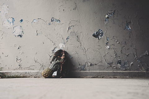 pineapple fruit, wall, pineapple, random, wall texture, fruit, unknown, women, people, one Person, depression - Sadness, females, sadness, young Adult, wall - building feature, real people, full length, lifestyles, front view, architecture, day, leisure activity, built structure, emotion, adult, sitting, casual clothing, sunlight, outdoors, warm clothing, contemplation, 5K, CC0, public domain, royalty free