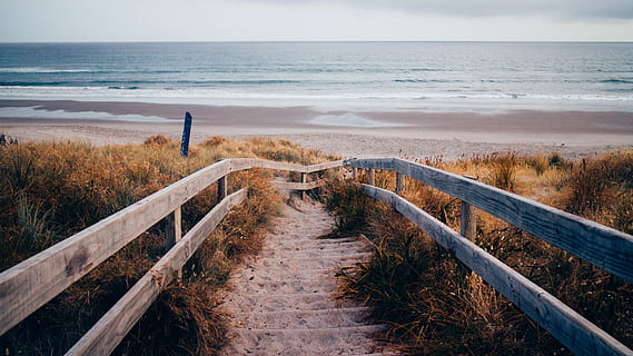 stairs through beach, stairs, surrounded, grass, sea, beach, ocean, path, sand, horizon, cloud, step, seaside, footpath, sand dune, coastline, stair, water, nature, land, horizon over water, sky, scenics - nature, beauty in nature, tranquil scene, tranquility, wood - material, no people, outdoors, plant, railing, 5K, CC0, public domain, royalty free