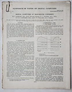 science, ordinateur, numérique, historique, recherche, Années 1950, la physique, ingénierie, électrique, La technologie, Université, Manchester, symposium, publication, il, papier, texte, la communication, document, personne, écriture occidentale, à l'intérieur, page, directement au-dessus, style rétro, architecture, l'histoire, le passé, arrière-plans, signe, livre, support d'information, message, 2K, CC0, domaine public, libre de droits