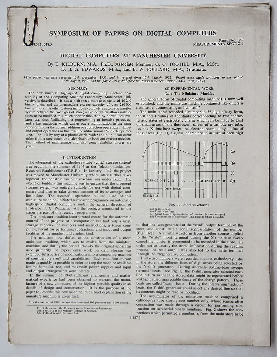 ciència, ordinador, digital, històric, recerca, 1950, física, enginyeria, elèctric, tecnologia, universitat, manchester, simposi, publicació, això, paper, text, comunicació, document, cap gent, guió occidental, a l'interior, pàgina, directament a sobre, estil retro, arquitectura, història, el passat, fons, signe, llibre, mitjà d'informació, missatge, 2K