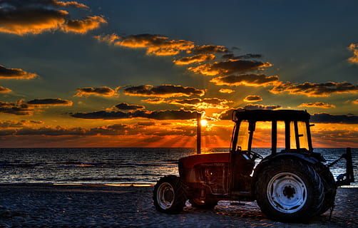 Sonnenuntergang, Strand, Ufer, Himmel, Transportmittel, Wasser, Meer, Transport, Landfahrzeug, wolke - himmel, orange Farbe, Land, Natur, Szenen - Natur, Schönheit in der Natur, Horizont, draußen, stationär, idyllisch, Traktor, 2K, CC0, gemeinfrei, lizenzfrei
