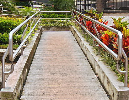 path, hall, ascent, rails, flowers, green area, step, railing, architecture, staircase, built structure, the way forward, nature, steps and staircases, plant, direction, no people, day, footpath, bridge, tree, connection, footbridge, outdoors, sunlight, wood - material, empty, 4K, CC0, public domain, royalty free