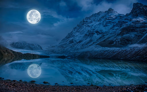 skyer, kold, is, sø, landskab, måne, bjerg, natur, udendørs, afspejling, sne, vand, vinter, himmel, skønhed i naturen, fuldmåne, nat, ro, scenics - natur, rolig scene, plads, sky - himmel, kold temperatur, astronomi, ingen mennesker, miljø, planetmåne, digital komposit, måneskin, snedækket bjerg, 2K