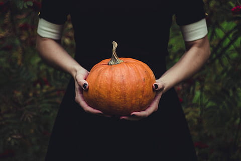 Pumpkin, fruit, halloween, orange, autumn, outdoors, people, one Person, orange Color, october, holding, spooky, one man only, only men, midsection, food, food and drink, healthy eating, wellbeing, day, freshness, focus on foreground, nature, hand, human hand, human body part, casual clothing, vegetable, front view, standing, 5K