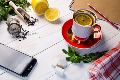 smartphone, beside, ceramic, mug, wooden, table, tea, grass, sheet, cup, background, tableware, hot, breakfast, lemon, phone, notebook, pencil, strainer, morning, food and drink, food, healthy eating, drink, fruit, refreshment, indoors, high angle view, citrus fruit, freshness, wellbeing, herb, coffee cup, coffee, vegetable, coffee - drink, preparation, no people, crockery, 5K, CC0, public domain, royalty free