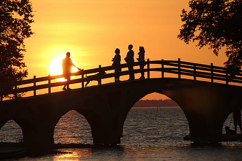silhuet, personer, bro, solnedgang, parkere, mennesker, udendørs, sol, himmel, natur, landskab, zen, sollys, bro - menneskeskabt struktur, flod, skumring, vand, forbindelse, træ, rejsemål, arkitektur, bue, gruppe af mennesker, bygget struktur, orange farve, herrer, skønhed i naturen, rækværk, rigtige mennesker, livsstil, bue bro, 4K, CC0, offentligt domæne, royaltyfrie