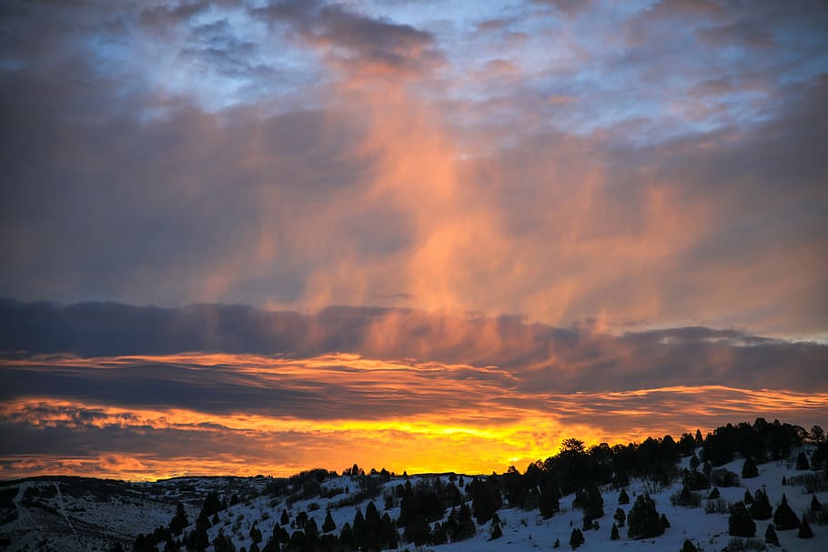 muntanyes, daurat, hores, muntanya, neu, pi, arbre, núvols, cel, posta de sol, naturalesa, hivern, temps, vista, fred, escenics, bellesa a la natura, núvol - cel, escena tranquil·la, cap gent, tranquil·litat, escenics - natura, color taronja, temperatura de fred, medi ambient, escena no urbana, idíl·lic, planta, cel dramàtic, a l'aire lliure, 8K
