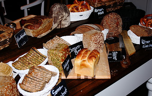 Bread, Organic, Breakfast, food, variation, food and drink, no people, indoors, retail, freshness, choice, still life, price tag, baked, for sale, large group of objects, abundance, store, market, bakery, high angle view, baked pastry item, order, french food, bun, sale, retail display, 2K, CC0, public domain, royalty free