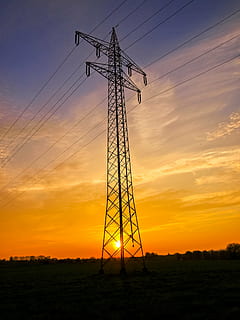 sunset, dusk, strommast, sky, technology, electricity, electricity pylon, power line, connection, cable, orange color, power supply, silhouette, cloud - sky, low angle view, fuel and power generation, land, no people, field, nature, beauty in nature, landscape, outdoors, electrical equipment, 4K, CC0, public domain, royalty free