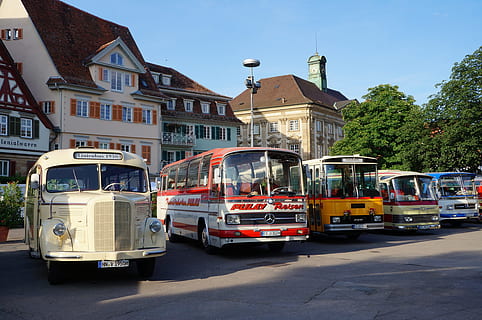 autobusos, autobús, oldtimer, històricament, reunió, esslingen, arquitectura, exterior de l'edifici, transport, ciutat, manera de transport, estructura construïda, carrer, edifici, vehicle terrestre, transport públic, naturalesa, llum solar, dia, automòbil, cotxe, persones incidentals, a l'aire lliure, carretera, cel, 4K, CC0, domini públic, lliure de regalies