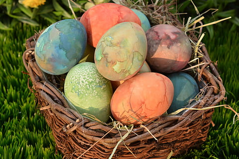 ous de pasqua de color variat, marró, cistella de vímet, ous de Pasqua, niu de Pasqua, Pasqua, ou, decoració, decoració de pasqua, Feliç Pasqua, colorit, ous de colors, color, decoracions de pasqua, pintat, personalitzat, fenc, cistella, ou de Pasqua, osterkorb, salutacions de pasqua, celebració de Pasqua, menjar, menjar i beguda, alimentació saludable, benestar, primer pla, planta, frescor, cap gent, fruita, dia, naturalesa, vista d’angle alt, contenidor, herba, a l'aire lliure, natura morta, madur, 4K, CC0, domini públic, lliure de regalies