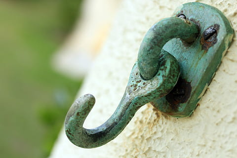 Hook, Network, Rust, Iron, metal, close-up, no people, reptile, outdoors, day, focus on foreground, rusty, strength, old, connection, protection, security, safety, green color, attached, extreme close-up, textured, selective focus, chain, iron - metal, 5K, CC0, public domain, royalty free